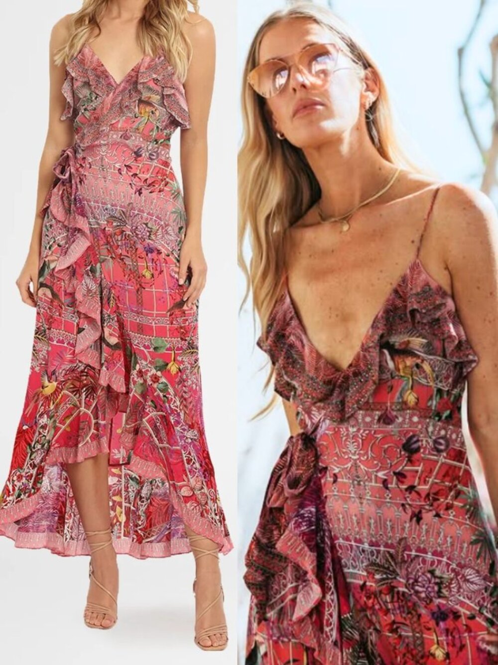 Camilla Long Wrap Midi Dress Glasshouse Romance Pink Frill Rhinestone Size XXS